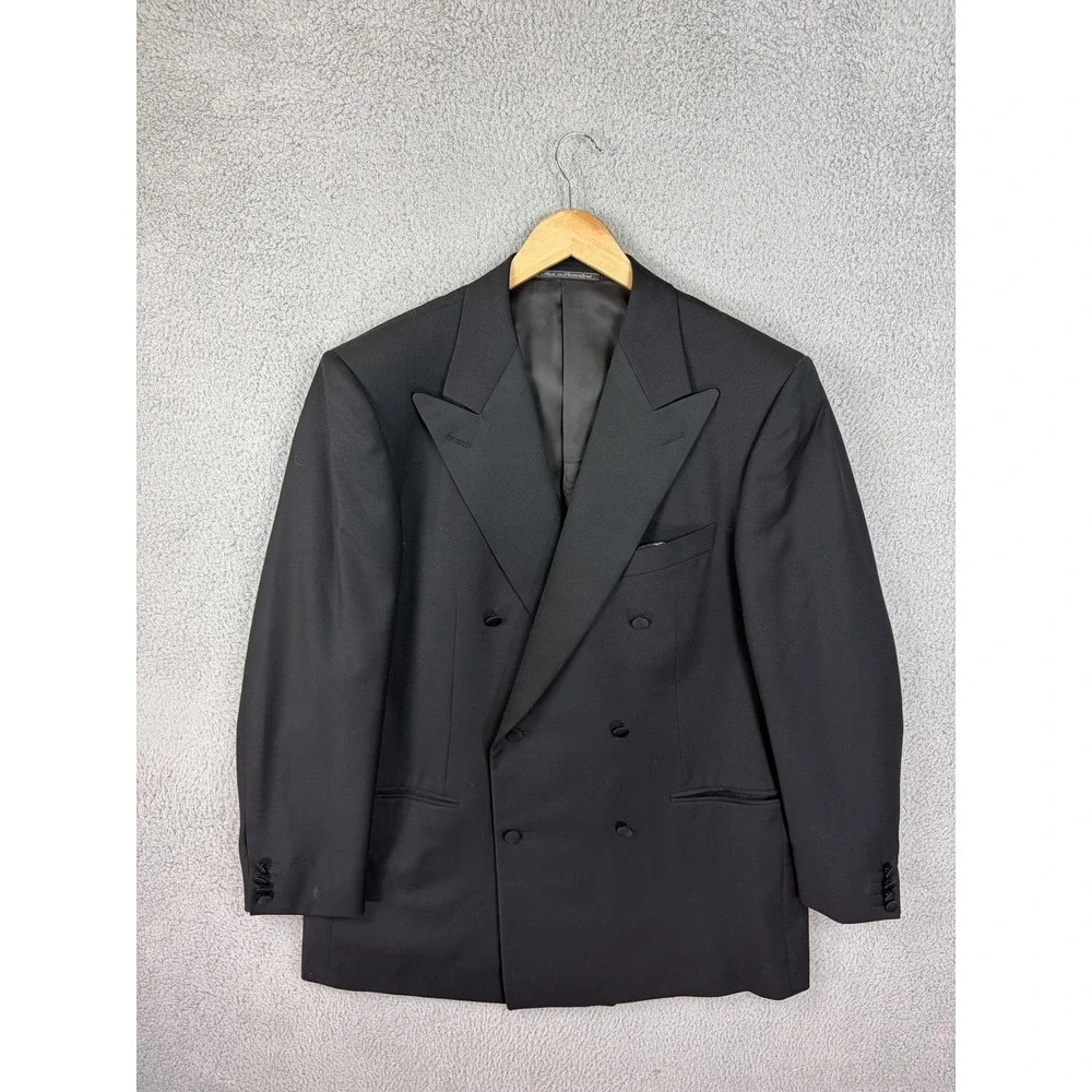 Ermenegildo Zegna Suit Jacket Mens 54 Black Wool Double Breasted Peak Lapel Men